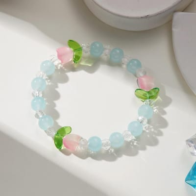 Zoete Tulp Armband voor Vrouwen Elegante Snoepkleurige Kralen Elastisch Koord Bloemen Armbanden Meisjes Feest Sieraden Cadeau blauw