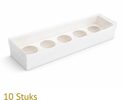 Bakdozen.nl Cupcake Doos Langwerpig - Cupcake Box - Wit - Transparante Deksel - 10 Stuks - Voor 5 Cupcakes - 29x9x10 cm