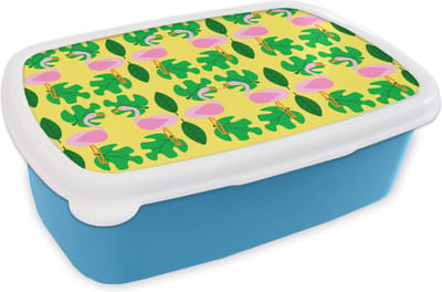 Broodtrommel Blauw - Lunchbox - Brooddoos - Flamingo - Planten - Dieren - Patroon - 18x12x6 cm - Kinderen - Jongen