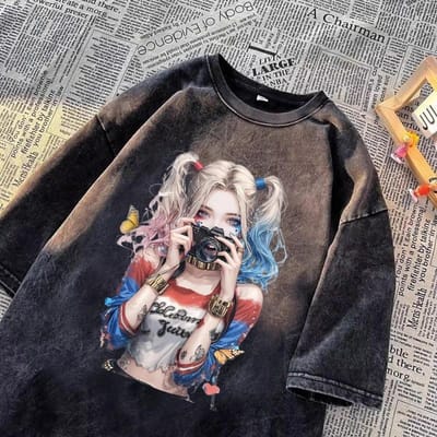 Puur Katoen Clown Print T-shirt met Korte Mouwen Heren en Dames Nieuw Los High Street Zomer Koppel 5XL gray
