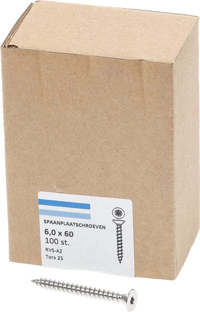 Hoenderdaal Spaanplaatschroef RVS platverzonken kop TX25 voldraad 6.0X60 (per 100 stuks)