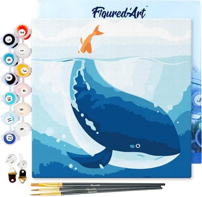 Figured'Art Mini Schilderen op Nummer Volwassenen 20x20cm met lijst Blauwe walvis - Klein Formaat Creatieve Hobby Kit DIY Art Nummer Compleet