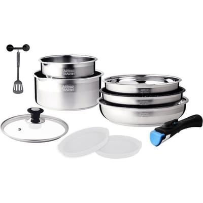 Arthur Martin AM0025 Batterie de cuisine amovible 10 pièces Acier Inoxydable Casserole avec bec verseur Poignée amovible tous fe63