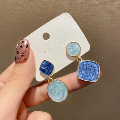 Nouvelles Boucles d'Oreilles Pendantes Carrées Doubles en Émail Mode Coréenne Géométriques Uniques Losange Bleu Boucles d'Oreilles Pendantes Pour Femmes Bijoux Tendance Cadeaux white