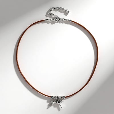 Cavill - Halsketting - 925 Sterling Zilver - Bruin Leer - Verstelbare Unisex Minimalistische Hanger 23x16 mm - Desert Chic Stijl