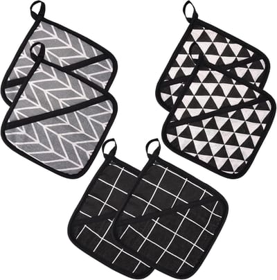 SnelShoppen - 6 Stuks Praktische Pannenlappen, Multifunctionele Vierkante Keuken Pannenlappen, Met Hangkoord, 18cm x 18cm, Zwart en Grijs, Voor Koken,