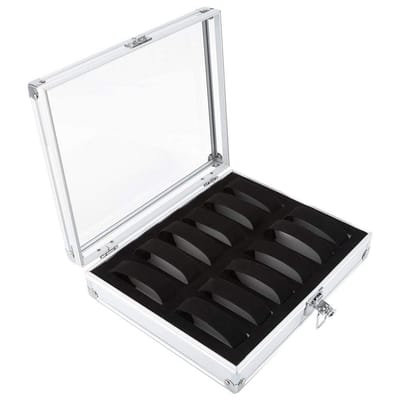 Dailygoods- Horlogedoos Aluminium - 6/12 Compartimenten - Opbergdoos voor Horloges - Decoratieve Doos - Veiligheidsbeugel - Transparante Deksel - Horlogeopbergdoos