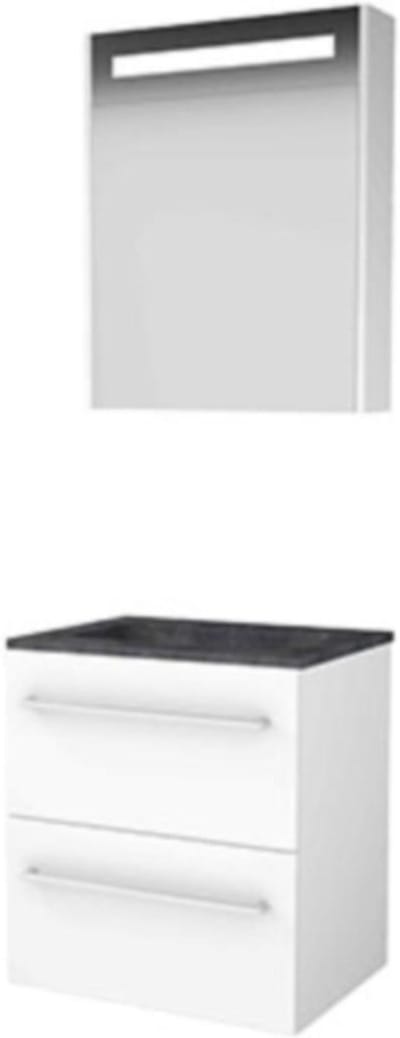 Basic-Line Premium 46 Badkamermeubelset - 60 x 46 cm - Met Grepen - 2 Lades - Hardstenen Wastafel - 1 Kraangat - Spiegelkast met LED Verlichting - Ice White