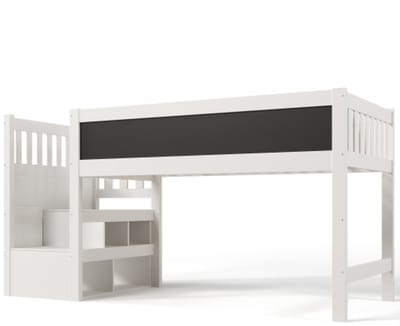 Kinderbed Hoogbed 253 x 97 x 112 cm Wit Metalen Lattenbodem Met Whiteboard Schoolbord Opbergruimte Valbeveiliging Zonder Matras Voor Kinderkamer Slaapkamer Speelkamer