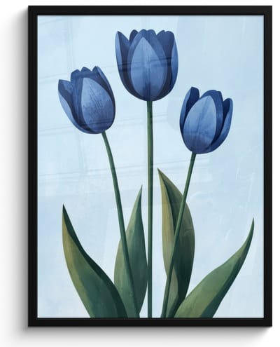 Poster in lijst - Fotolijst 50x70 cm - Posters - Tulpen - Blauw - Bladeren - Posterlijst zwart - Decoratie - Wanddecoratie woonkamer - Muurdecoratie slaapkamer