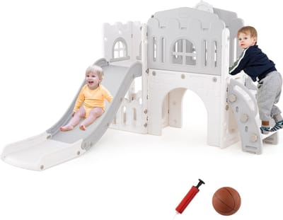 COSTWAY Kinderglijbaan, 9-in-1 kinderglijbaan met basketbalmand, klimrek, tunnel, telescoop en opbergruimte, kinderspeelplaats, binnen en buiten, peuterglijbaan vanaf 1 jaar oud (grijs)