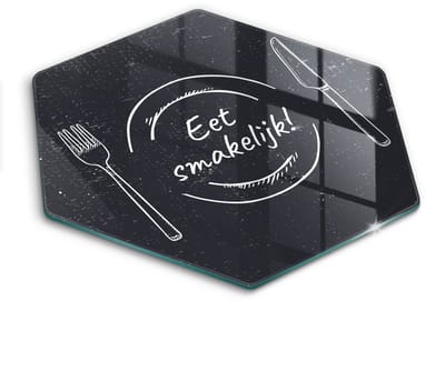 Wallfluent Glazen Snijplanken - Eet smakelijk! Snijplanken Glas - h40 cm - Zwart Snijplanken van Glas - Snijplank van Glas - Design Glazen Snijplank Keuken - Antislip Glazen Serveerplank