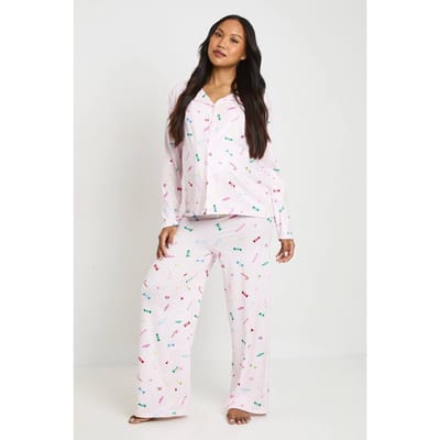boohoo Dames Zwangerschaps Pyjama Set Met Zoet Dessin Shirt Met Lange Mouwen & Broek | Pink | Maat: 8