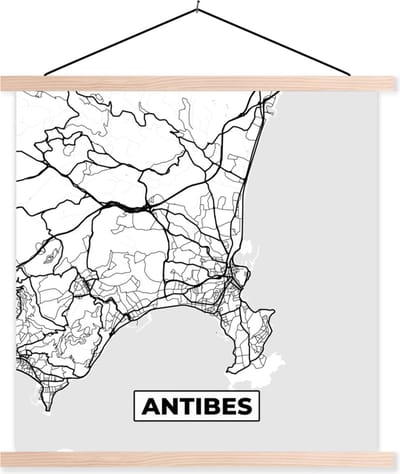 Posterhanger incl. Poster 40x40 cm - Schoolplaat - Stadskaart - Plattegrond - Antibes - Kaart - Frankrijk - Zwart wit - Textielposter - Blanke latten - Stadskaart