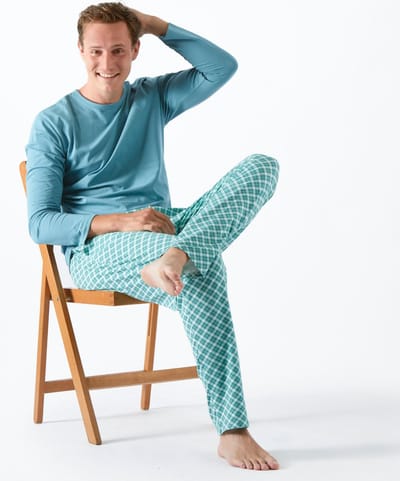 Little Label Pyjama Heren Maat S/46 - blauw, groen - Geruit - Herenpyjama - Zachte BIO Katoen