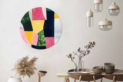 WallCircle - Wandcirkel - Muurcirkel - Abstract - Roze - Lappen - Vormen - Geel - Aluminium - Dibond - 90x90 cm - Binnen en Buiten