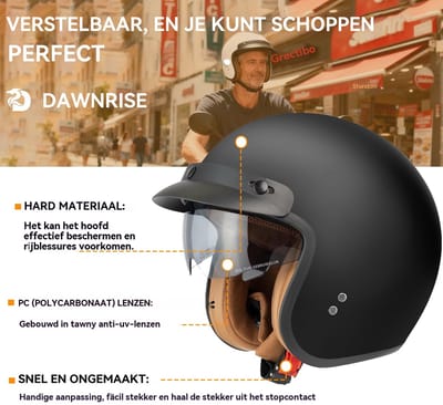 DAWNRISE Jethelm ECE 22.06 - Retro scooterhelm - Mat zwart - Maat S
