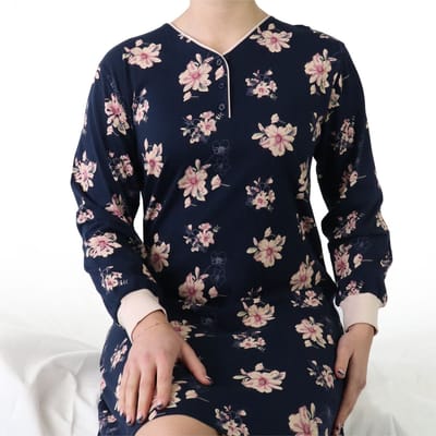 Tenderness Dames Nachthemd - Lange Mouw - Gebloemd - Donker Blauw - Maat XXL