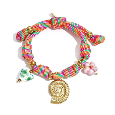 Boho Koord Armband met Bedels – Verstelbare Armband met Gouden Schelp - Hartje en Bloem – Zomer - Kleurrijke Dames Armband - Verkleurt niet