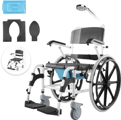 Doucherolstoel - Douche- en toiletstoel op wielen - Zitbreedte 44,5 cm - Aluminiumlegering - Verstelbaar - Met remmen - Draagvermogen 136 kg - Voor douche/toilet/transport