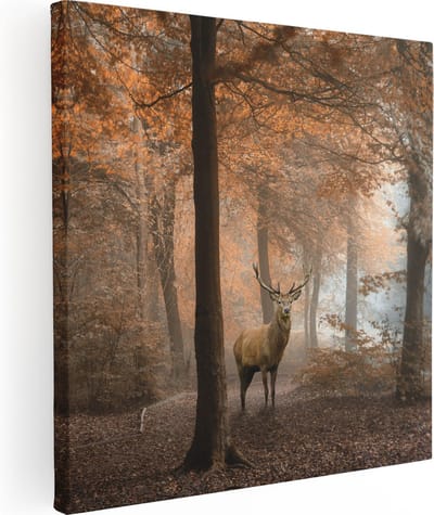 Artaza Canvas Schilderij Hert - 80x80 cm - Wanddecoratie Bos - Muurdecoratie Gewei - Schilderijen Op Canvas Herfst