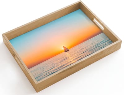 Dienblad hout 40x30 cm - Schootdienblad - Zee - Zeilboot - Zonsondergang - Borrelplank rechthoek - Plateau dienbladen