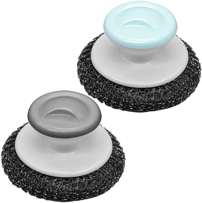 Set van 2 zware roestvrijstalen schuurpads met handvat voor het reinigen van pannen, grills en afwas