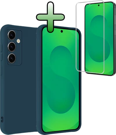 Hoesje Met Screenprotector - Geschikt voor Samsung Galaxy S25 FE - Sterk & Shockproof - Back Cover - Siliconen Case - Telefoon Hoes - Donkerblauw
