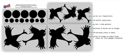 Jerma - 7 vogels en 10 stippen - Raamstickers - 4 st 18.5x18 - 3 st 12x12 cm - Zwart - Folie -