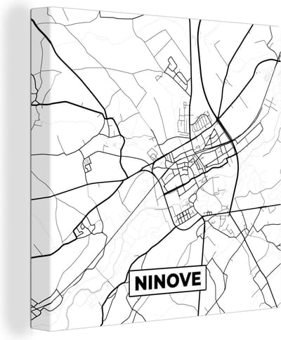 Canvas Schilderij België – Ninove – Stadskaart – Kaart – Zwart Wit – Plattegrond - 20x20 cm - Wanddecoratie