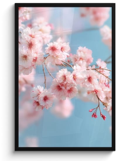 Poster in lijst - Fotolijst 60x90 cm - Posters - Takken - Bloesems - Roze - Posterlijst zwart - Decoratie - Wanddecoratie woonkamer - Muurdecoratie slaapkamer