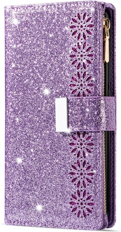 Hoesje geschikt voor Samsung Galaxy A52 - Bookcase - Koord - Pasjeshouder - Portemonnee - Glitter - Bloemenpatroon - Kunstleer - Paars
