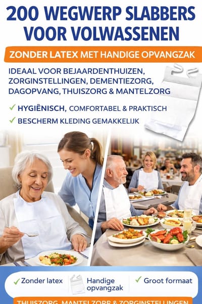 100 WEGWERP SLABBERS ZONDER LATEX THUISZORG MANTELZORG MET OPVANGZAKJE PERFECT VOOR OUDEREN, ZORG, DEMENTIE, BEPERKTE MOBILITEIT & GEHANDICAPTEN HYGIËNISCH, HANDIG & COMFORTABEL BESCHERM JE KLEDING GEMAKKELIJK
