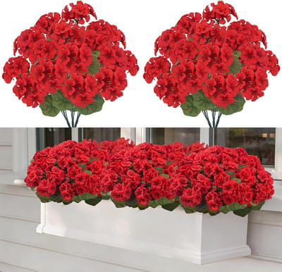 Boeket van 6 kunstgeraniums Kunstbloemen Kunstgeraniums voor buiten Rood UV-bestendig Kunstbloemen Decoratie voor balkons, bloempotten, terrassen en tuinen