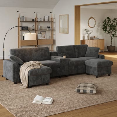 REDOM - U-Vormige Bank - Met Opbergruimte En Laadfunctie - Voor Woonkamer - Ribstof - Grijs - 315 X 135 X 81 Cm