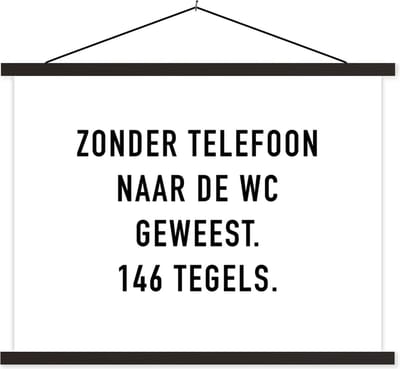 Posterhanger incl. Poster 40x30 cm - Schoolplaat - Spreuken - Quotes - Zonder telefoon naar de wc geweest. 146 tegels. - WC - Telefoon - Textielposter - Zwarte latten