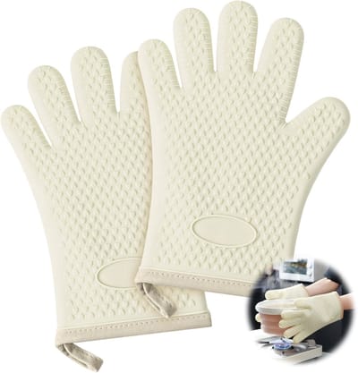 1 paar-oven handschoenen-warmtebestendige oven handschoenen-katoenen voering-Ovenwante - Extra Dikke Hittebestendige Siliconen Handschoen-silicone keuken handschoenen-anti-slip silicone koken handschoenen met vingers-wit