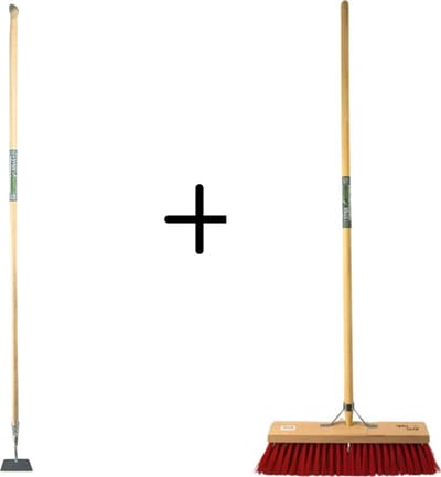 Synx Tools Rechte schoffel 14cm & Synx Tools Nylons StraatBezem 50cm - Onkruidverwijderaar - Schoffel met Steel - 160 cm steel met hilt - Buiten bezem Kunststof haren - Bezem met Steel 150 cm