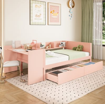 MEUNIQ kinderbed 90x200 cm met bureau, 2 lades, 3 planken en uitvalbeveiliging, eenpersoons bedframe van grenenhout en spaanplaat voor kinderkamer, roze