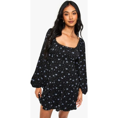 boohoo Dames Bloemige melkmeid-godetzoom lange mouw mini-jurk | Black | Maat: 8
