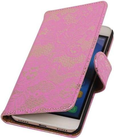 Lace Bookstyle Wallet Case Hoesjes Geschikt voor Huawei Honor 4 A / Y6 Roze