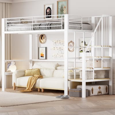 Sweiko Hoogslaper - 90 x 200 cm - Metalen frame - Kinderbed - Wit + Natuurlijke (zonder bank)
