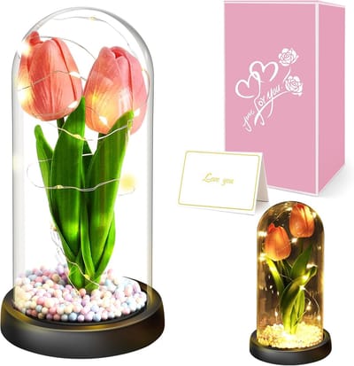 Kunsttulpen voor vrouwen, ouderlijk cadeau voor moeder, oma, kunsttulp in glazen koepel, uniek, gepersonaliseerd verjaardagscadeau voor vrienden, zussen, echtgenote, roze
