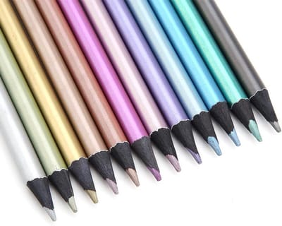12 Sticks Metallic Crayons, Zwarte Houten Stiften van 17.5 cm voor Kleuren en Tekenen, Neon Kleurpotloden Set