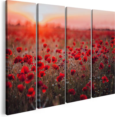 Artaza Canvas Schilderij Vierluik Rode Klaprozen Bloemenveld Zonsondergang - 160x120 cm - Groot - Wanddecoratie Woonkamer - Schilderijen - Muurdecoratie