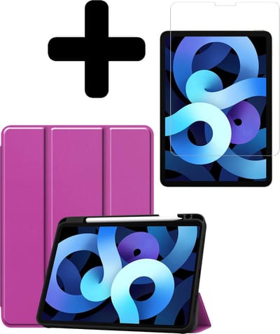 Hoesje - Geschikt voor Apple iPad Air 4 (2020) - 10.9 inch - 4e Generatie - Met Screenprotector - Trifold Bookcase Hoes - Hard Cover Case - Met Uitsparing Geschikt voor Apple Pencil - Hardcover Book - Tablethoes - Paars
