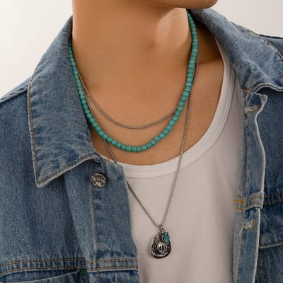 Helin life ketting heren -kettingen met hanger -Zilver kleurig -Staal &Turkoois-Geschenkdoos en wenskaart-Mannen Cadeautjes