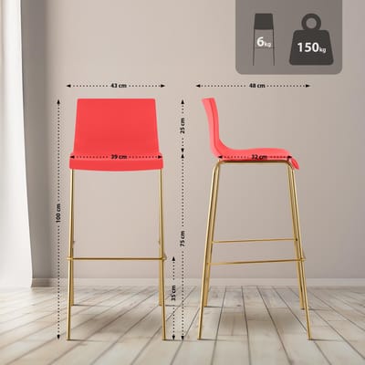 CLP Set van 2 barstoelen Hover, kunststof zitting, 4-poots onderstel in goudlook, belastbaar tot 150 kg rood/goud