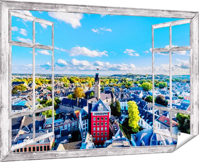 Gards Tuinposter Doorkijk Maastricht Stad met Huizen - 180x120 cm - Tuindoek - Tuindecoratie - Wanddecoratie buiten - Tuinschilderij