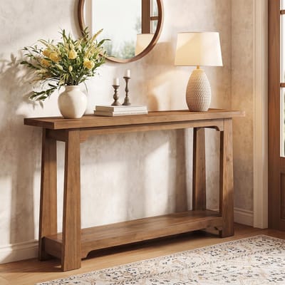 LITTLE TREE Consoletafel - Smalle Haltafel - Echt Vurenhout - Natuur - Landelijk - 140 x 30 x 80 cm - Met Legblad - Voor Entree En Woonkamer